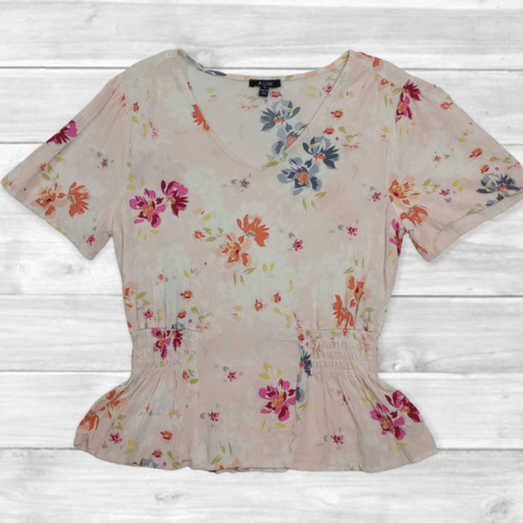 AUW Women's Colorful Floral Short Sleeve Peplum Blouse Size‎ M - Picture 1 of 7